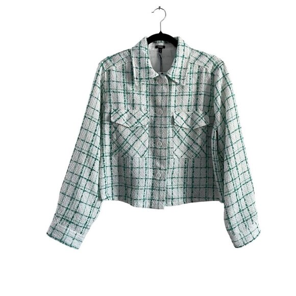 Express Women M Green Ivory Plaid Tweed Boxy Cropped Shacket Jacket NWT - Picture 1 of 10